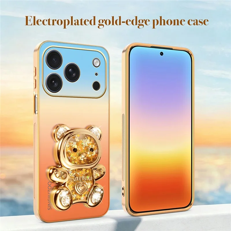 SINGIUZOO for iPhone 18 Pro / 17 Pro Case Glitter Bear Kickstand Electroplated Gradient Color PC + TPU Phone Cover - Orange