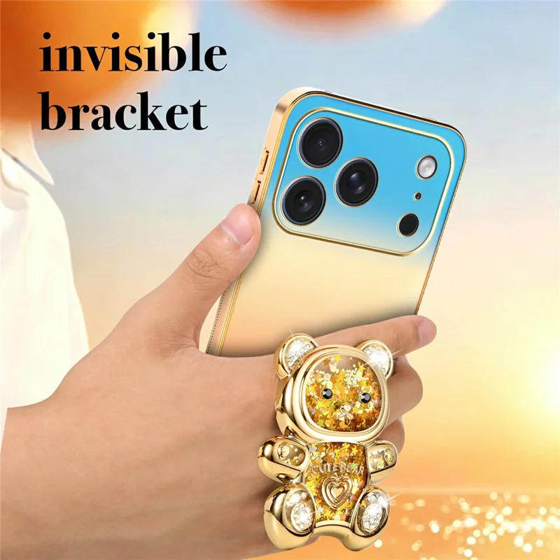 SINGIUZOO for iPhone 18 Pro / 17 Pro Case Glitter Bear Kickstand Electroplated Gradient Color PC + TPU Phone Cover - Orange