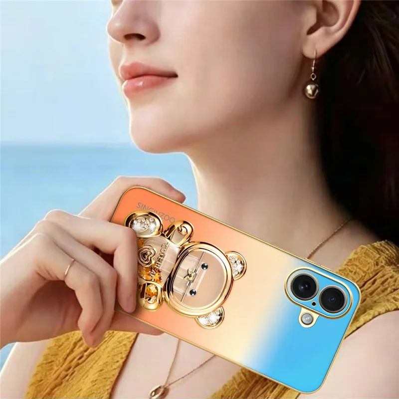 SINGIUZOO for iPhone 17 Case Glitter Bear Kickstand Electroplated Gradient Color PC + TPU Phone Cover - Orange