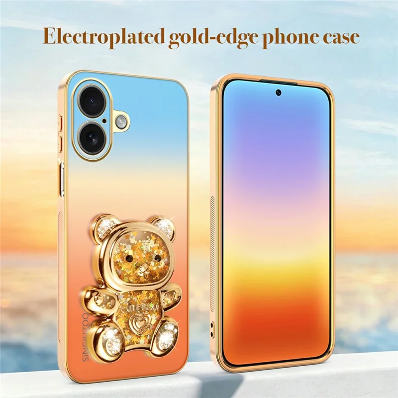 SINGIUZOO for iPhone 17 Case Glitter Bear Kickstand Electroplated Gradient Color PC + TPU Phone Cover - Orange