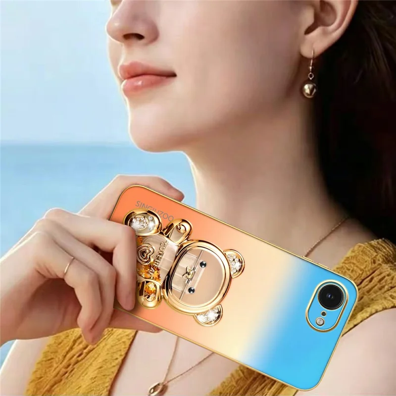 SINGIUZOO for iPhone 17e / 16e Case Glitter Bear Kickstand Electroplated Gradient Color PC + TPU Phone Cover - Orange