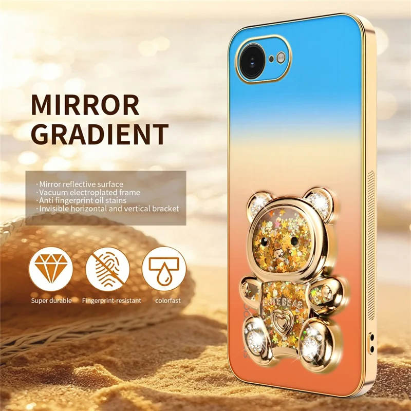 SINGIUZOO for iPhone 17e / 16e Case Glitter Bear Kickstand Electroplated Gradient Color PC + TPU Phone Cover - Orange