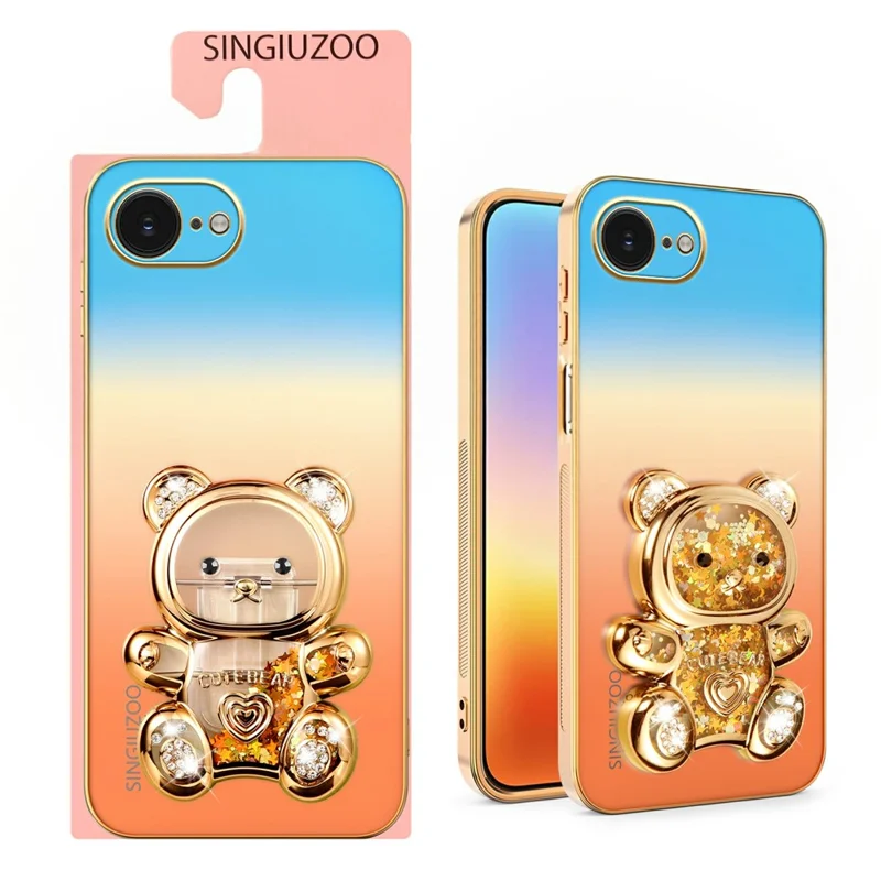 SINGIUZOO for iPhone 17e / 16e Case Glitter Bear Kickstand Electroplated Gradient Color PC + TPU Phone Cover - Orange