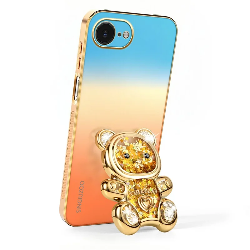 SINGIUZOO for iPhone 17e / 16e Case Glitter Bear Kickstand Electroplated Gradient Color PC + TPU Phone Cover - Orange