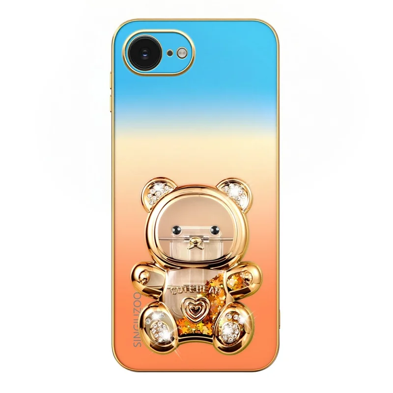 SINGIUZOO for iPhone 17e / 16e Case Glitter Bear Kickstand Electroplated Gradient Color PC + TPU Phone Cover - Orange
