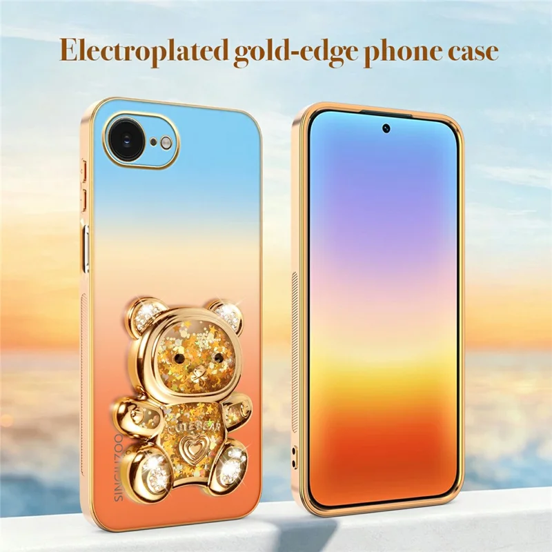 SINGIUZOO for iPhone 17e / 16e Case Glitter Bear Kickstand Electroplated Gradient Color PC + TPU Phone Cover - Orange