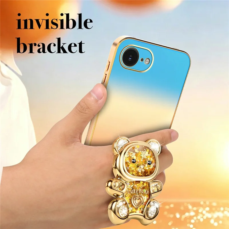 SINGIUZOO for iPhone 17e / 16e Case Glitter Bear Kickstand Electroplated Gradient Color PC + TPU Phone Cover - Orange