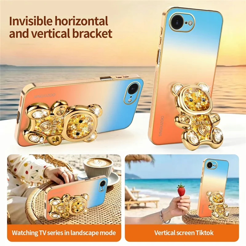 SINGIUZOO for iPhone 17e / 16e Case Glitter Bear Kickstand Electroplated Gradient Color PC + TPU Phone Cover - Orange