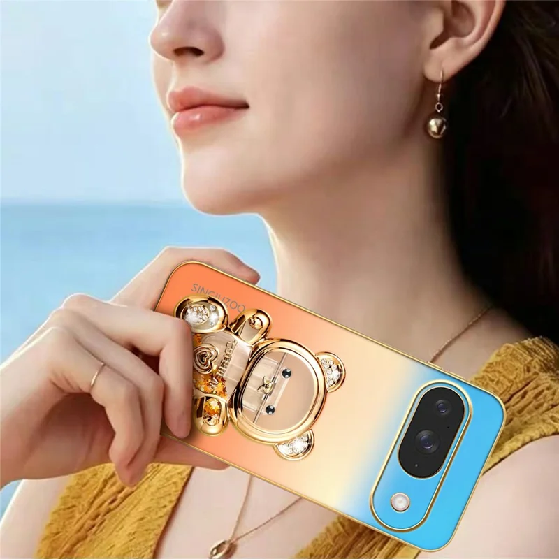 SINGIUZOO for Google Pixel 11 / Pixel 11 Pro Case Glitter Bear Kickstand Electroplated Gradient Color PC + TPU Phone Cover - Orange