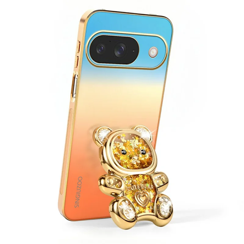 SINGIUZOO for Google Pixel 11 / Pixel 11 Pro Case Glitter Bear Kickstand Electroplated Gradient Color PC + TPU Phone Cover - Orange