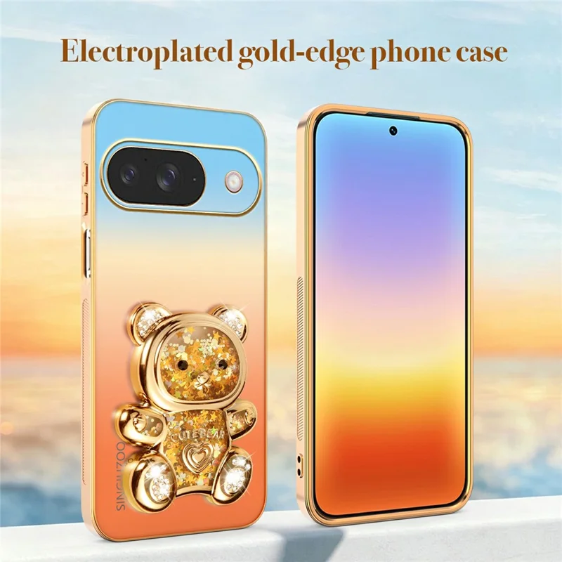SINGIUZOO for Google Pixel 11 / Pixel 11 Pro Case Glitter Bear Kickstand Electroplated Gradient Color PC + TPU Phone Cover - Orange