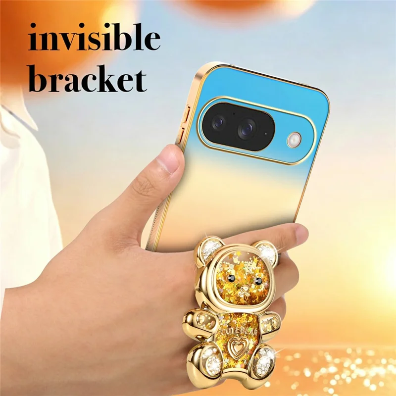 SINGIUZOO for Google Pixel 11 / Pixel 11 Pro Case Glitter Bear Kickstand Electroplated Gradient Color PC + TPU Phone Cover - Orange