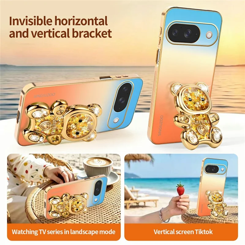 SINGIUZOO for Google Pixel 11 / Pixel 11 Pro Case Glitter Bear Kickstand Electroplated Gradient Color PC + TPU Phone Cover - Orange