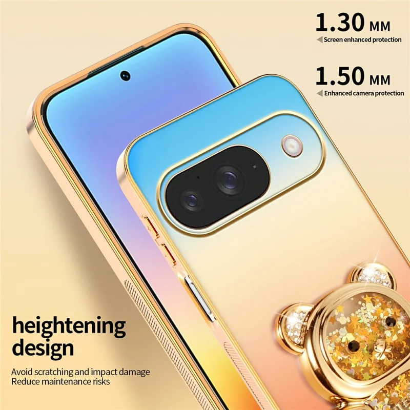 SINGIUZOO for Google Pixel 11 / Pixel 11 Pro Case Glitter Bear Kickstand Electroplated Gradient Color PC + TPU Phone Cover - Orange