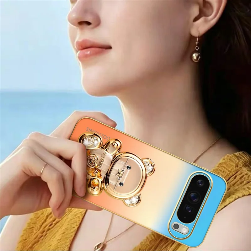 SINGIUZOO for Google Pixel 11 Pro XL Case Glitter Bear Kickstand Electroplated Gradient Color PC + TPU Phone Cover - Orange