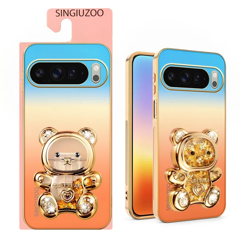 SINGIUZOO for Google Pixel 11 Pro XL Case Glitter Bear Kickstand Electroplated Gradient Color PC + TPU Phone Cover - Orange