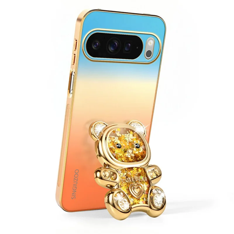 SINGIUZOO for Google Pixel 11 Pro XL Case Glitter Bear Kickstand Electroplated Gradient Color PC + TPU Phone Cover - Orange