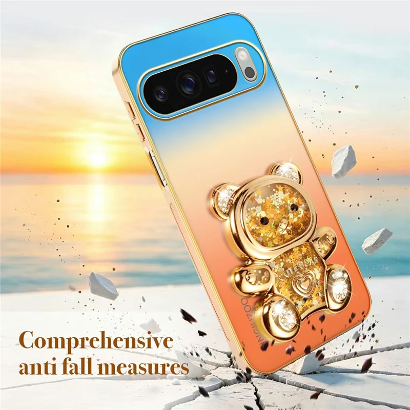 SINGIUZOO for Google Pixel 11 Pro XL Case Glitter Bear Kickstand Electroplated Gradient Color PC + TPU Phone Cover - Orange