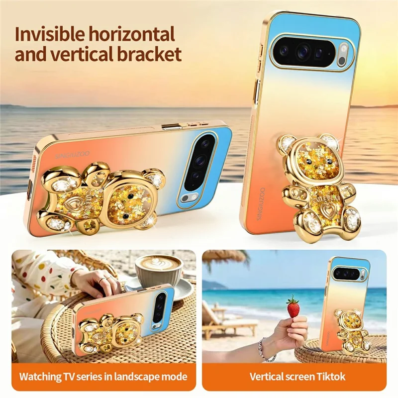 SINGIUZOO for Google Pixel 11 Pro XL Case Glitter Bear Kickstand Electroplated Gradient Color PC + TPU Phone Cover - Orange