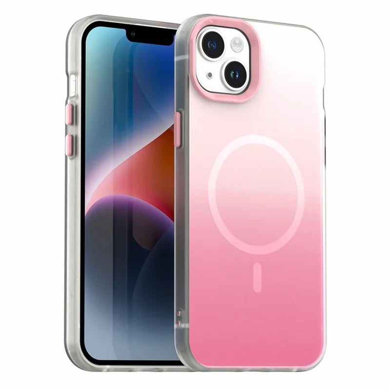 For iPhone 14 Magnetic Case Gradient TPU + PET + PC IMD Shockproof Phone Cover - Green - Pink