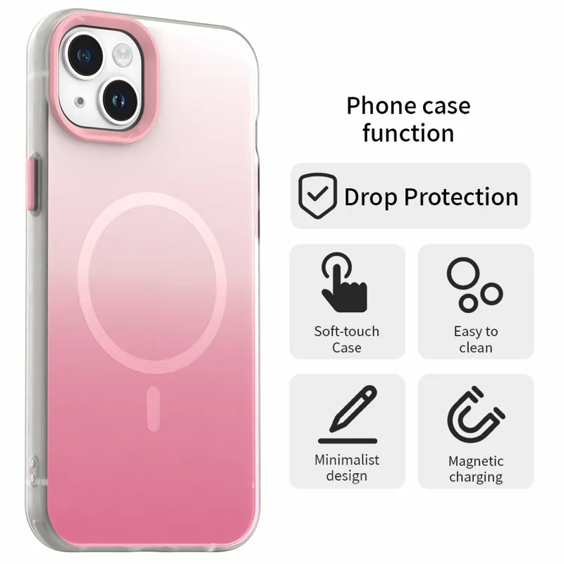 For iPhone 14 Magnetic Case Gradient TPU + PET + PC IMD Shockproof Phone Cover - Green - Pink