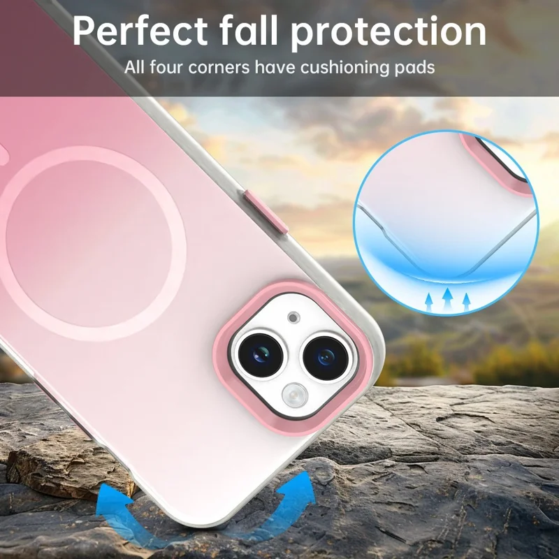For iPhone 14 Magnetic Case Gradient TPU + PET + PC IMD Shockproof Phone Cover - Green - Pink