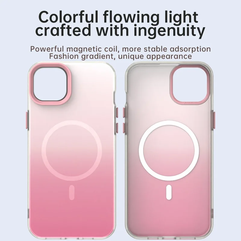 For iPhone 14 Magnetic Case Gradient TPU + PET + PC IMD Shockproof Phone Cover - Green - Pink