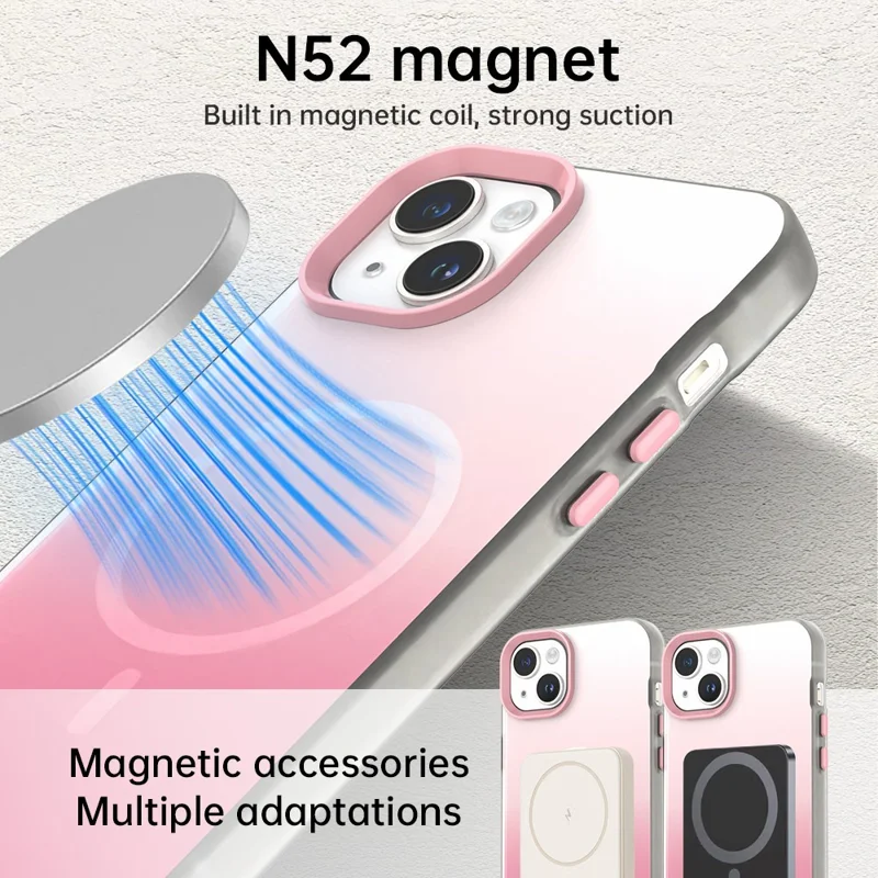 For iPhone 14 Magnetic Case Gradient TPU + PET + PC IMD Shockproof Phone Cover - Green - Pink