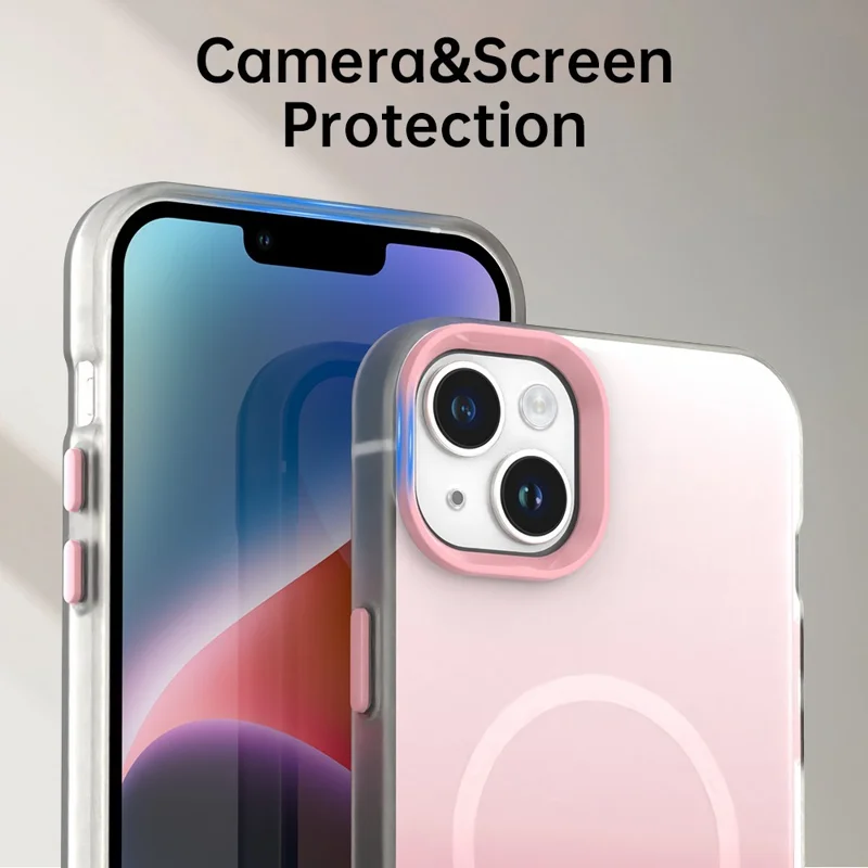 For iPhone 14 Magnetic Case Gradient TPU + PET + PC IMD Shockproof Phone Cover - Green - Pink