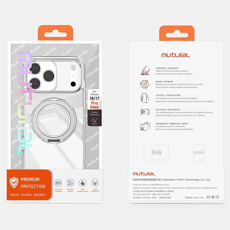 MUTURAL til iPhone 18 Pro / 17 Pro Case med magnetisk roterbar stativring PC + TPU gennemsigtig hylster - Transparent