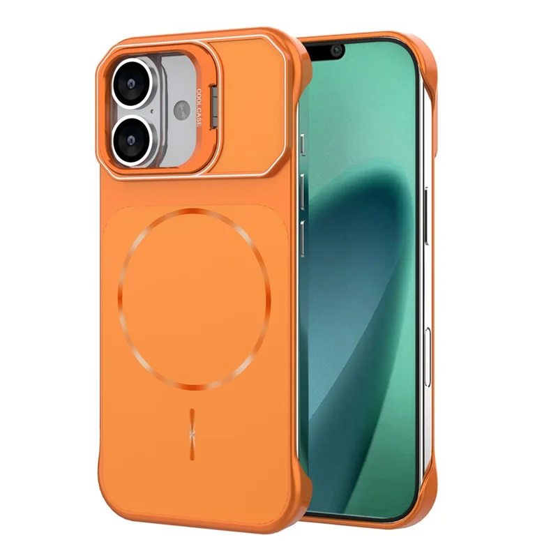 For iPhone 17 Magnetic Case Lens Frame Kickstand Matte PC Frameless Phone Cover - Orange