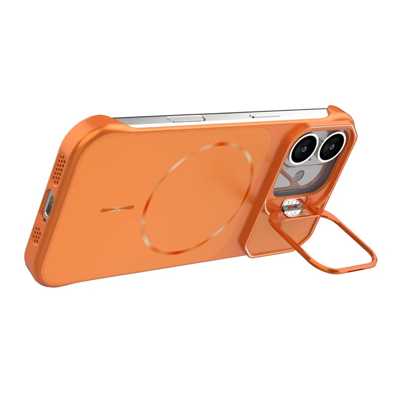 For iPhone 17 Magnetic Case Lens Frame Kickstand Matte PC Frameless Phone Cover - Orange