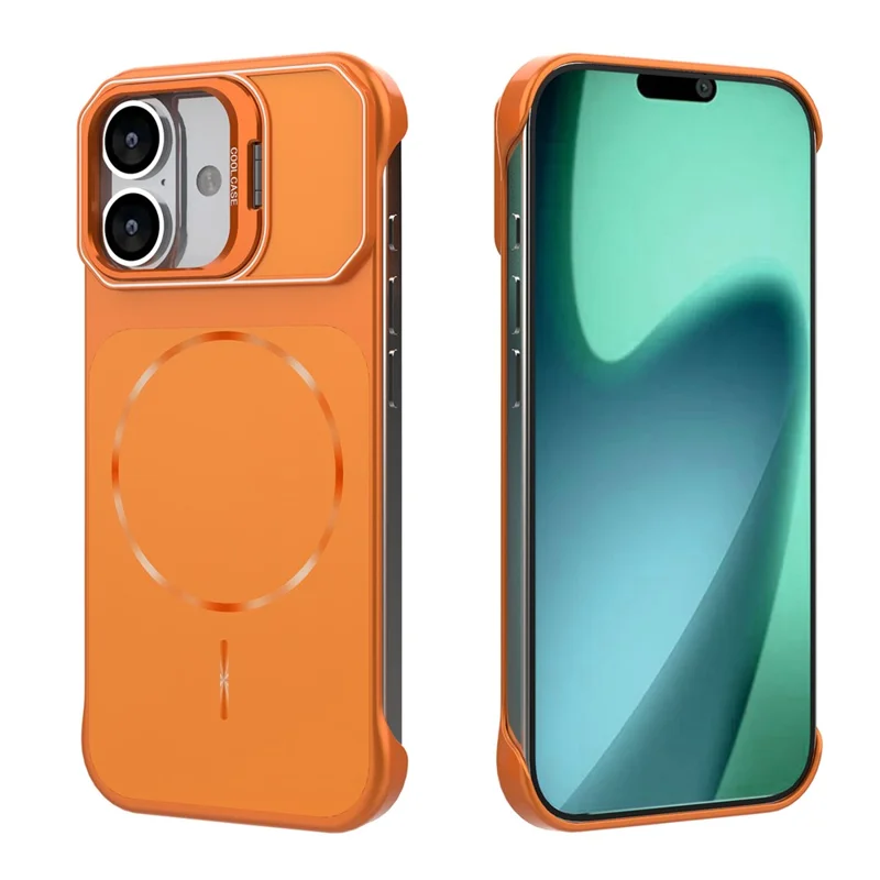 For iPhone 17 Magnetic Case Lens Frame Kickstand Matte PC Frameless Phone Cover - Orange