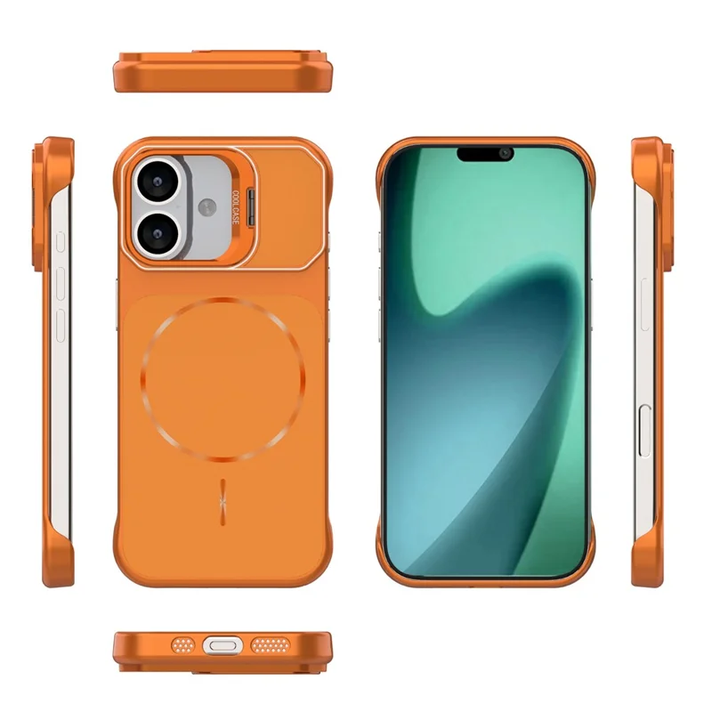 For iPhone 17 Magnetic Case Lens Frame Kickstand Matte PC Frameless Phone Cover - Orange
