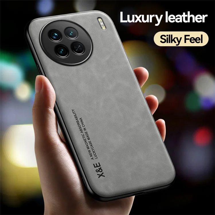 x & e Für Vivo X90 5G PU Lederbeschichtete Tpu+pc-hülle Haut-touch-schutzhahnabdeckung Mit Autohalterung Metallblatt - Dunkelgrau