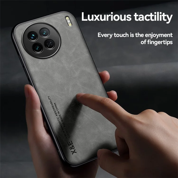 x & e Für Vivo X90 5G PU Lederbeschichtete Tpu+pc-hülle Haut-touch-schutzhahnabdeckung Mit Autohalterung Metallblatt - Dunkelgrau