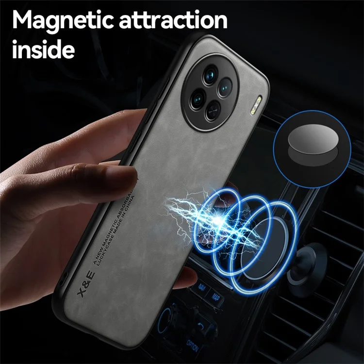 x & e Für Vivo X90 5G PU Lederbeschichtete Tpu+pc-hülle Haut-touch-schutzhahnabdeckung Mit Autohalterung Metallblatt - Dunkelgrau