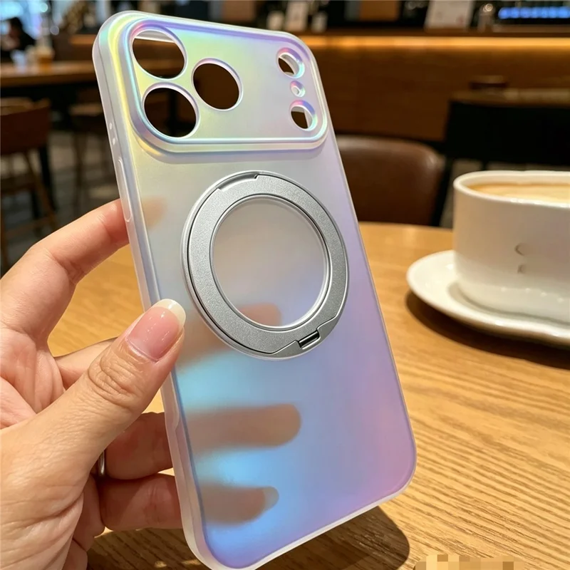 Til iPhone 18 Pro Max / 17 Pro Max Hylster med roterende magnetisk holder og støtte i iriscerende PC + TPU IMD - Hvid