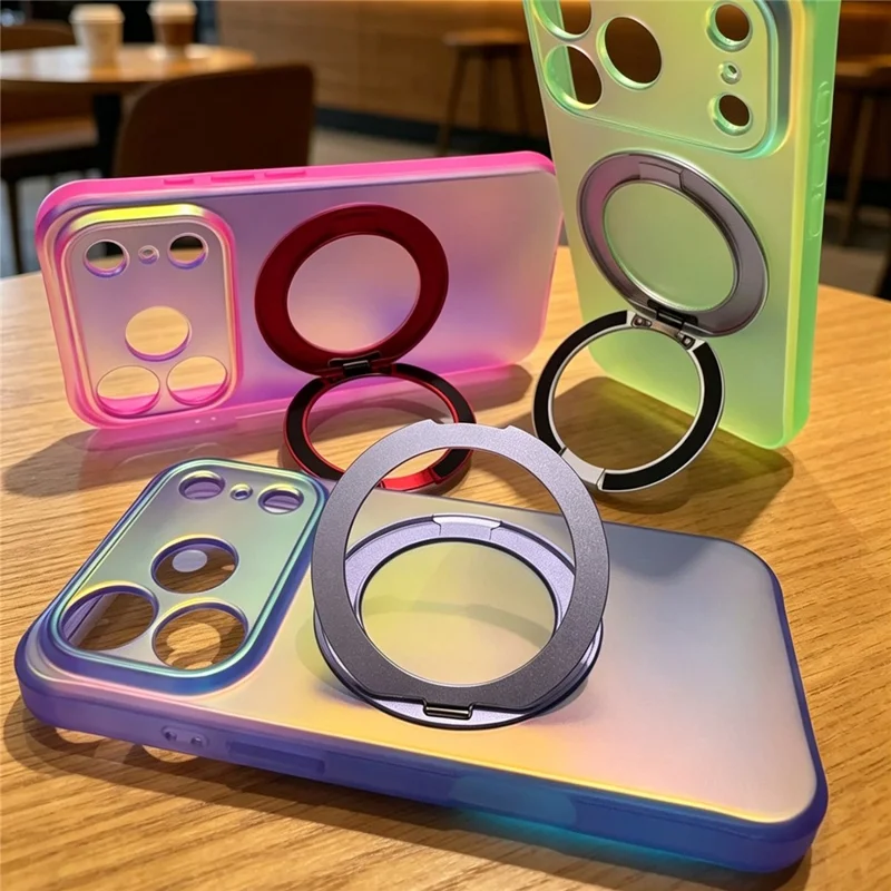 Til iPhone 18 Pro Max / 17 Pro Max Hylster med roterende magnetisk holder og støtte i iriscerende PC + TPU IMD - Hvid