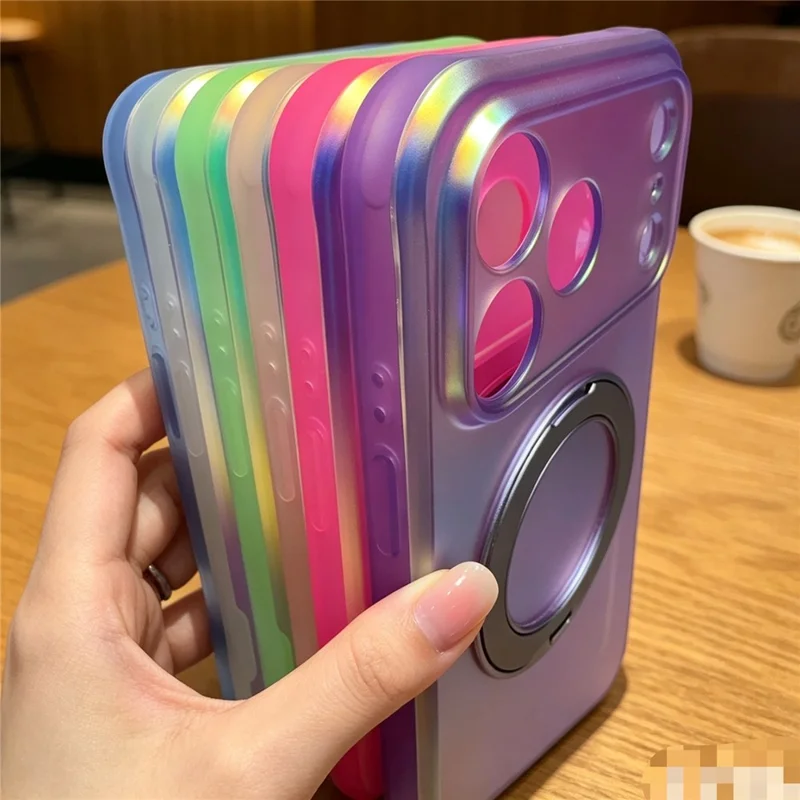 Til iPhone 18 Pro / 17 Pro Case Roterende Magnetisk Stand Iridescent PC + TPU IMD Telefondæksel - Hvid
