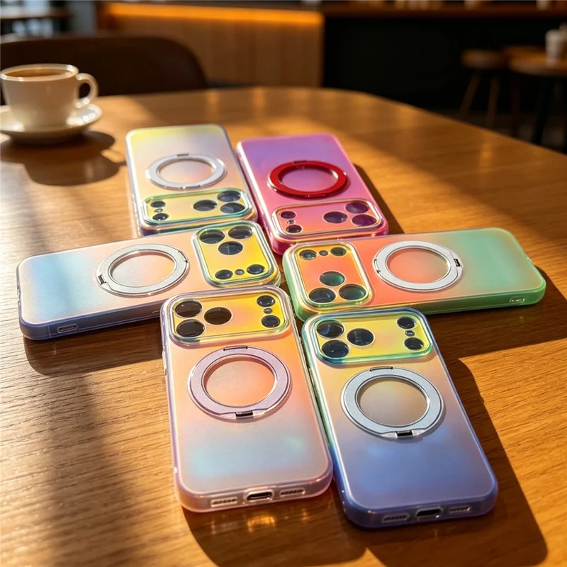 Til iPhone 18 Pro / 17 Pro Case Roterende Magnetisk Stand Iridescent PC + TPU IMD Telefondæksel - Hvid