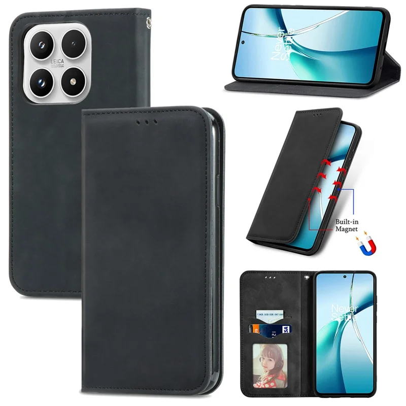 For Xiaomi 17 Max Leather Case with Card Holder Magnetic Absorption Phone Cover - Black