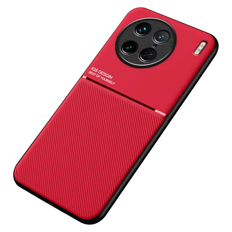 Para vivo X90 Pro 5G Linhas Impressas Capa de Telefone Anti-queda PU Leather+TPU Back Cover com Placa de Metal de Montagem do Carro - Vermelho