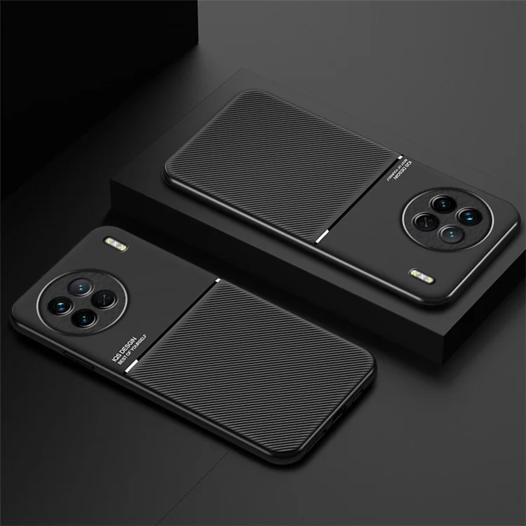 Para vivo X90 Pro 5G Linhas Impressas Capa de Telefone Anti-queda PU Leather+TPU Back Cover com Placa de Metal de Montagem do Carro - Vermelho