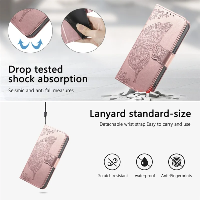 For Xiaomi 17 Max Case with Strap Butterfly Pattern PU Leather Wallet Phone Cover - Rose Gold