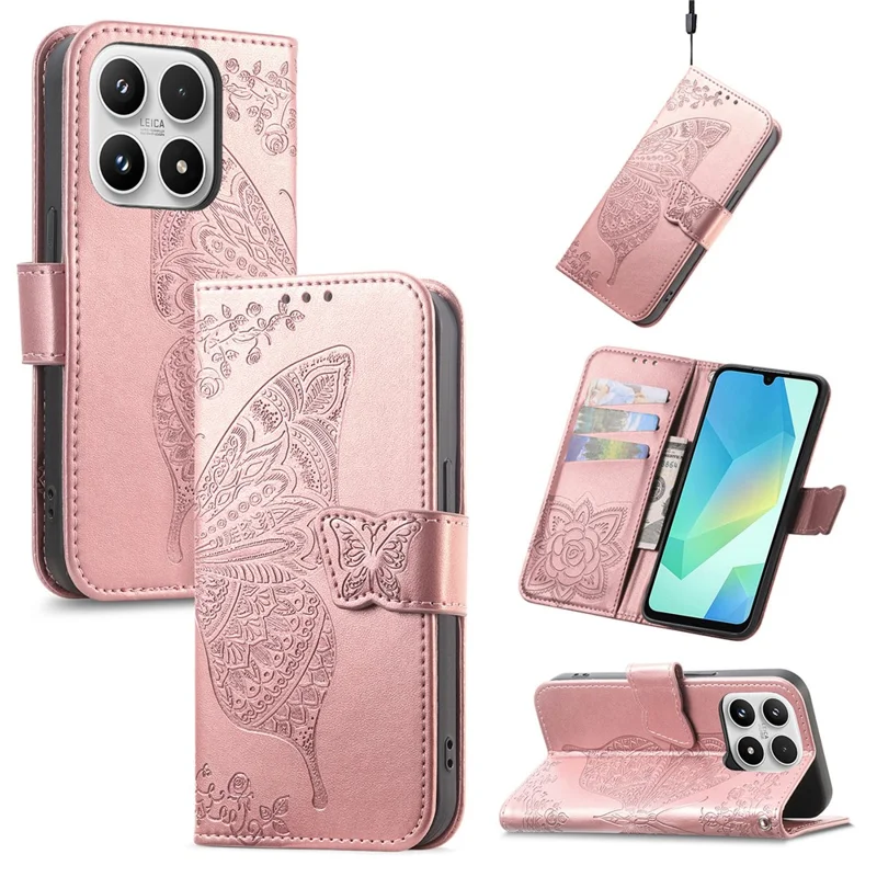 For Xiaomi 17 Max Case with Strap Butterfly Pattern PU Leather Wallet Phone Cover - Rose Gold