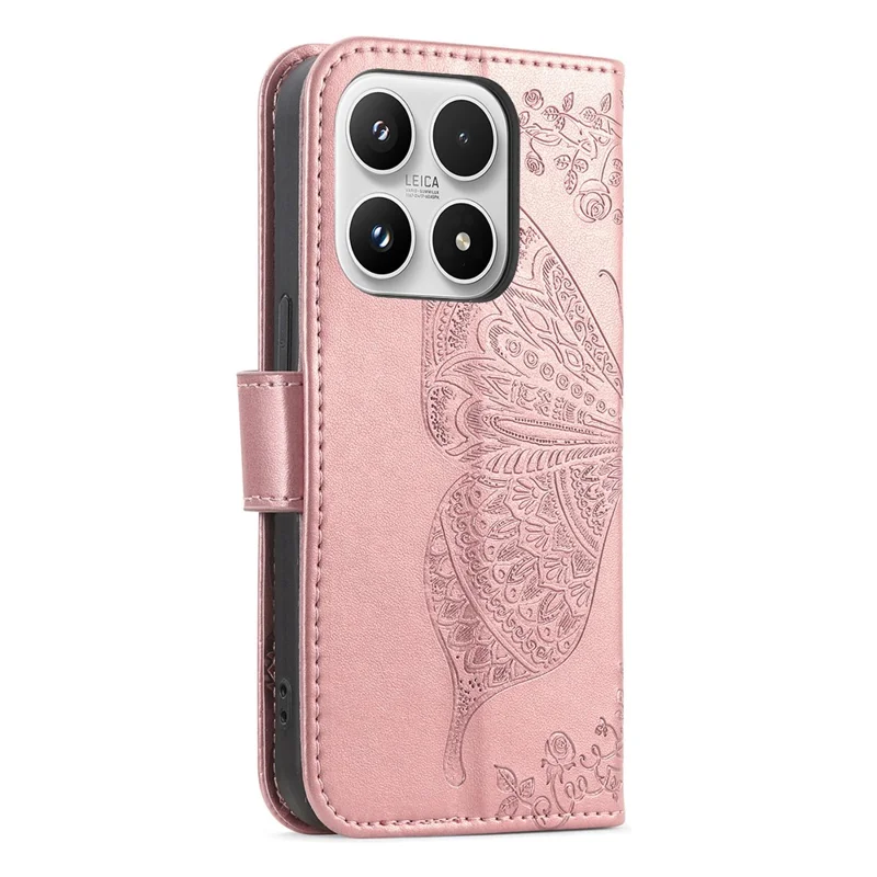 For Xiaomi 17 Max Case with Strap Butterfly Pattern PU Leather Wallet Phone Cover - Rose Gold