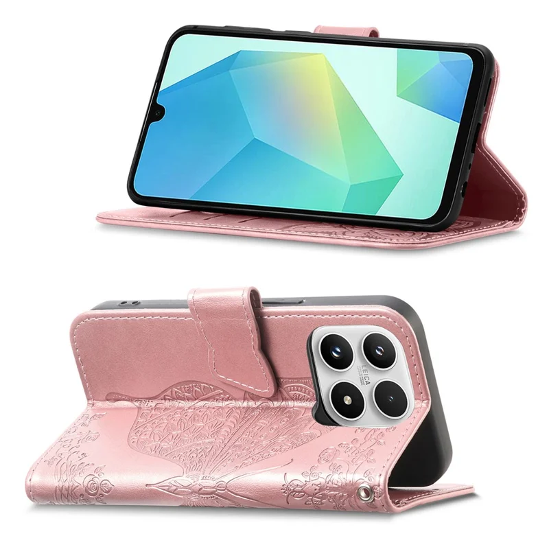 For Xiaomi 17 Max Case with Strap Butterfly Pattern PU Leather Wallet Phone Cover - Rose Gold