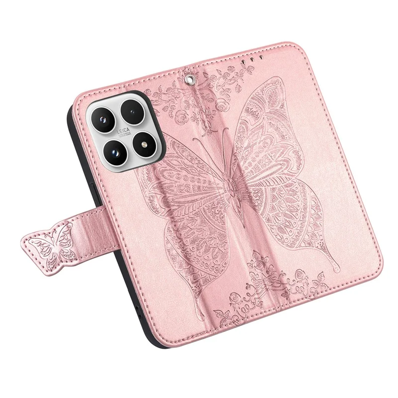 For Xiaomi 17 Max Case with Strap Butterfly Pattern PU Leather Wallet Phone Cover - Rose Gold