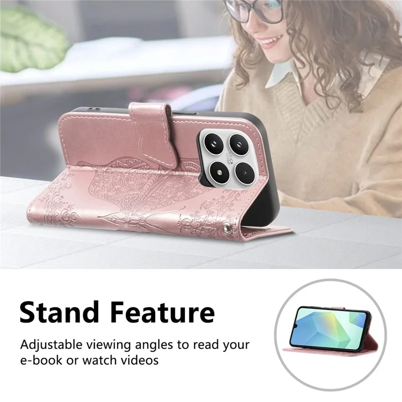 For Xiaomi 17 Max Case with Strap Butterfly Pattern PU Leather Wallet Phone Cover - Rose Gold
